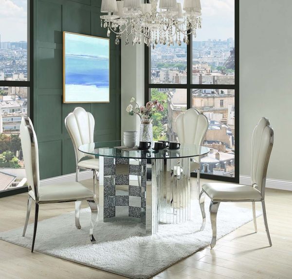 Noralie Dining Table with Faux Diamonds and Paneled Mirrors
