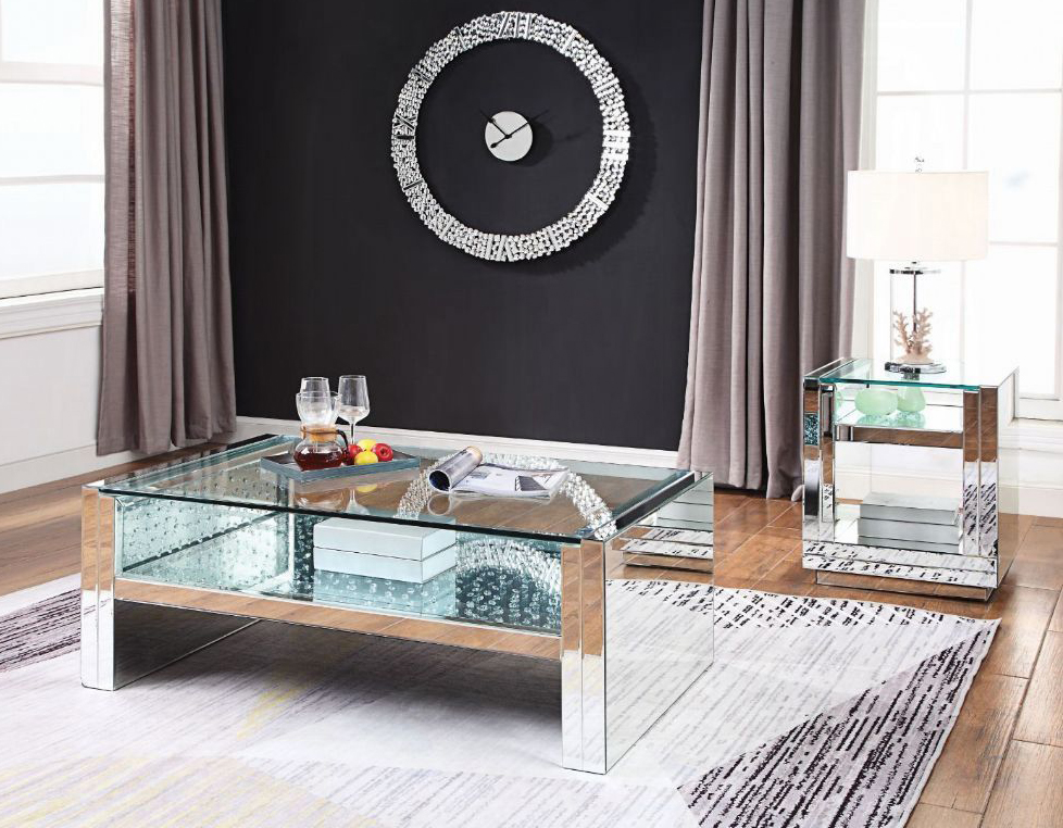 Nysa Mirrored Coffee Table with Faux Crystal Open Shelf