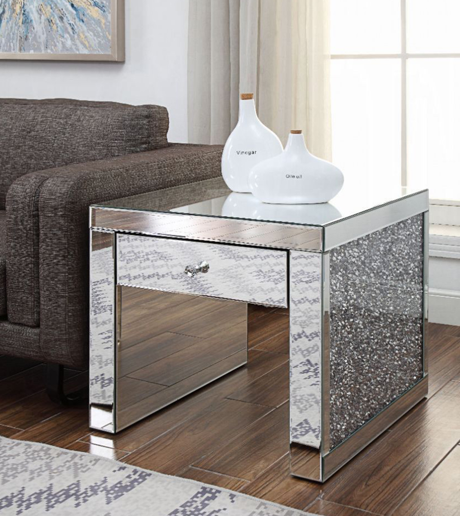 Noralie Mirrored Storage End Table with Faux Diamonds