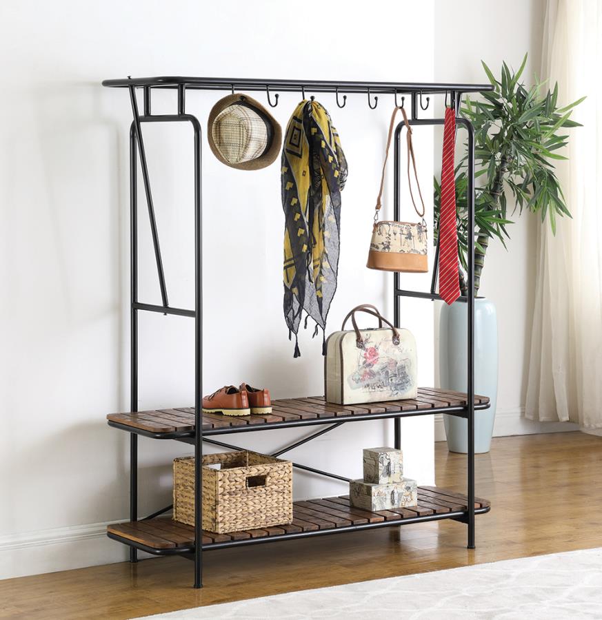 Metal Frame Hall Tree with Dual Storage Shelves