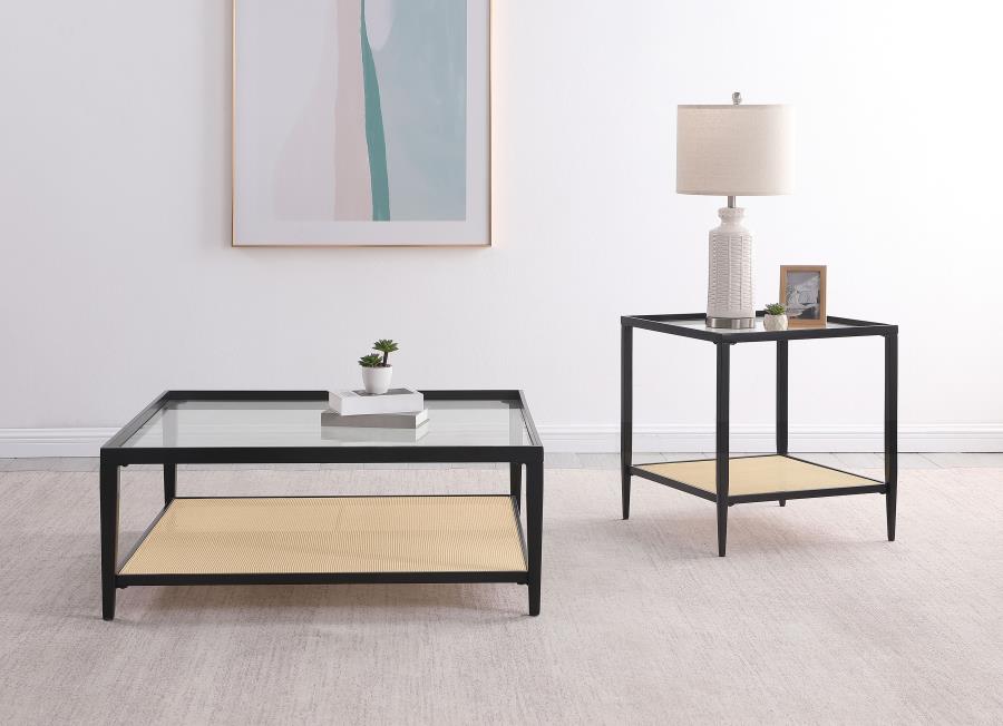 Amherst Glass Top Metal with Cane Shelf Coffee Table