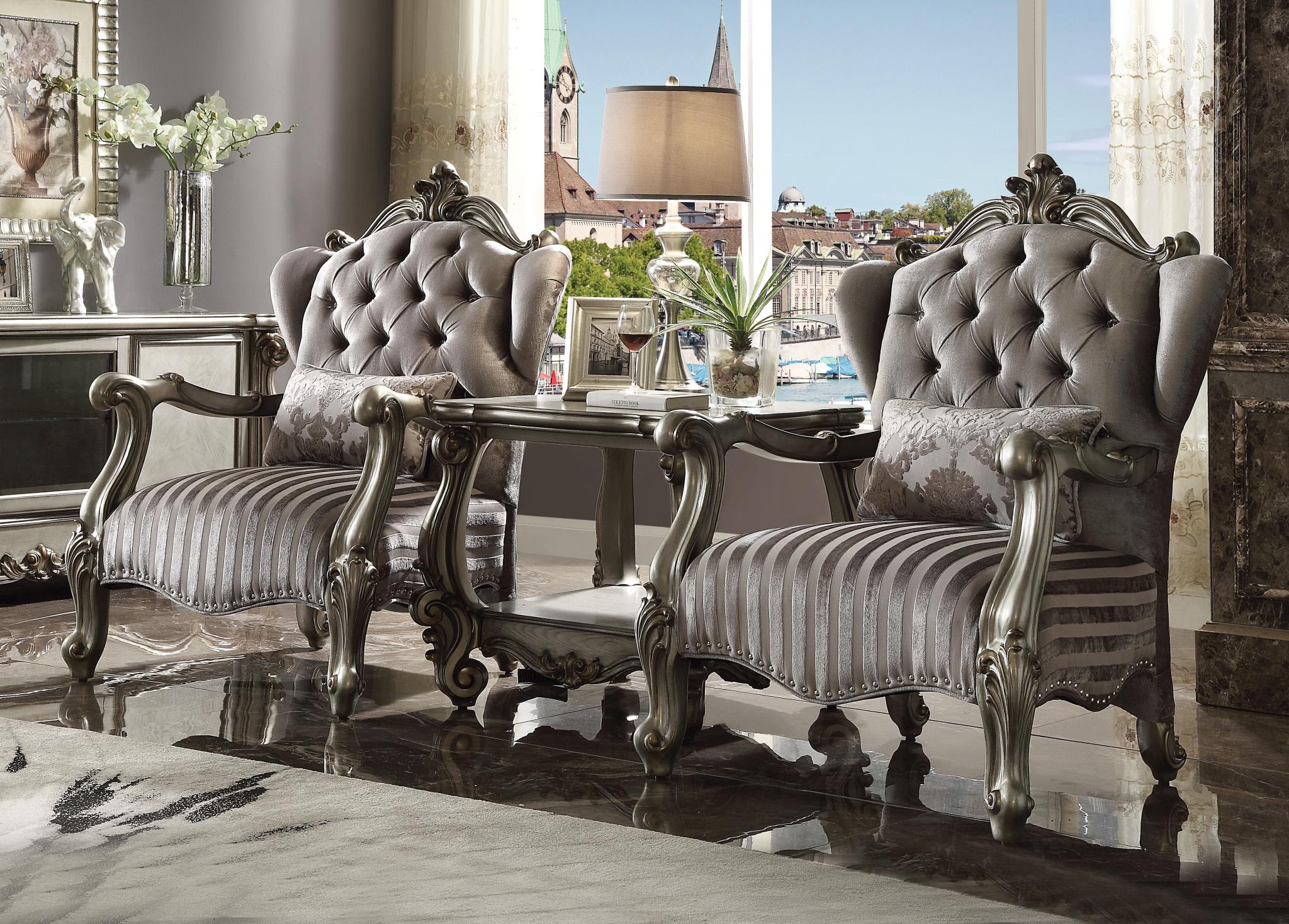 Versailles Velvet and Antique Platinum Accent Chair