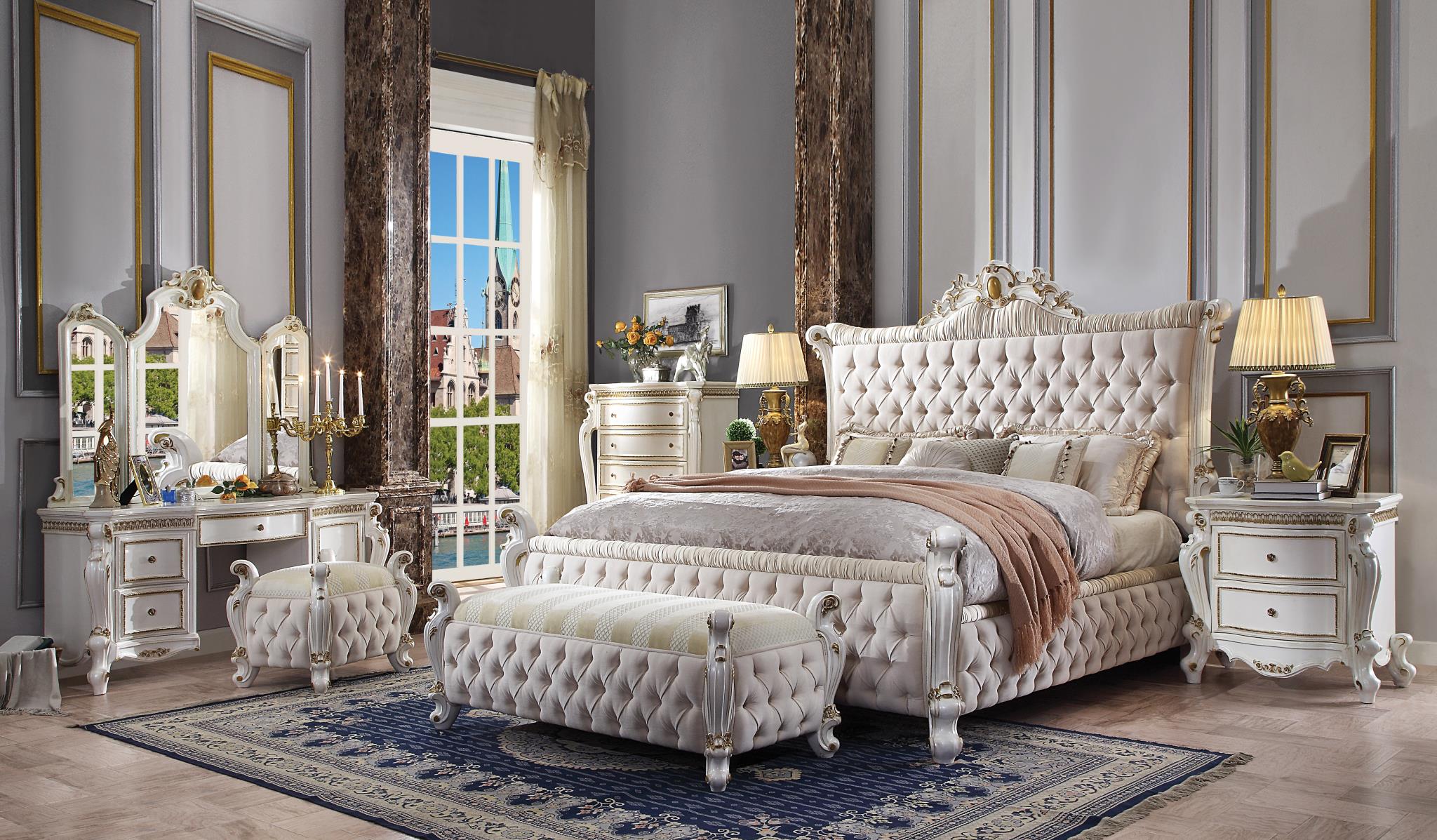 Picardy Fabric Antique White Victorian Style Bed with Button Tufted Headboard