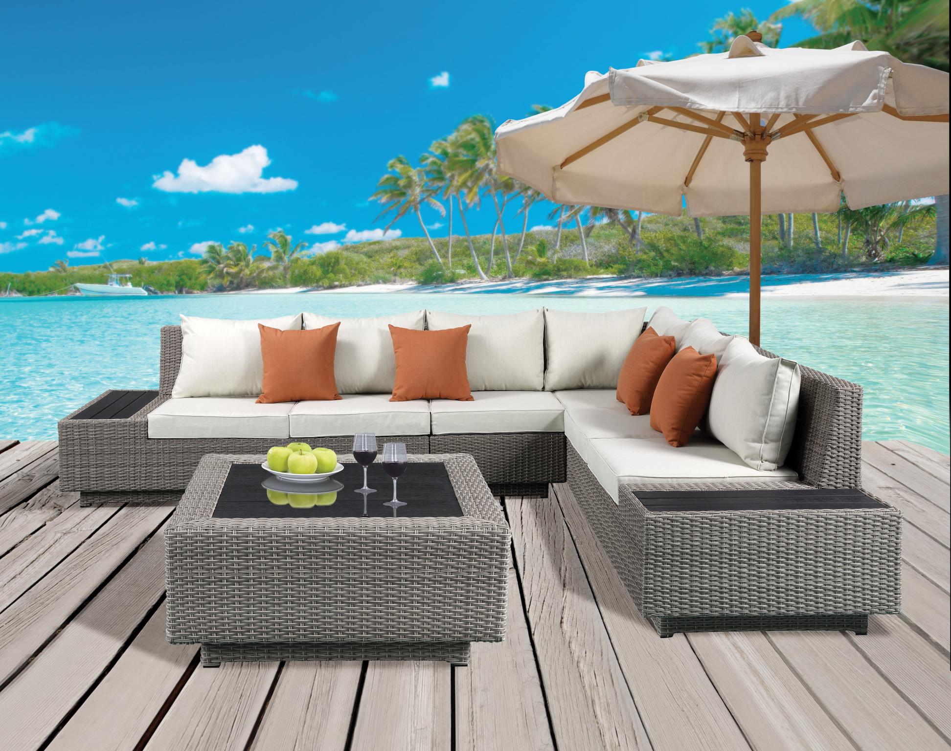 Salena Patio Sectional Sofa with 4 Pillows and Coffee Table