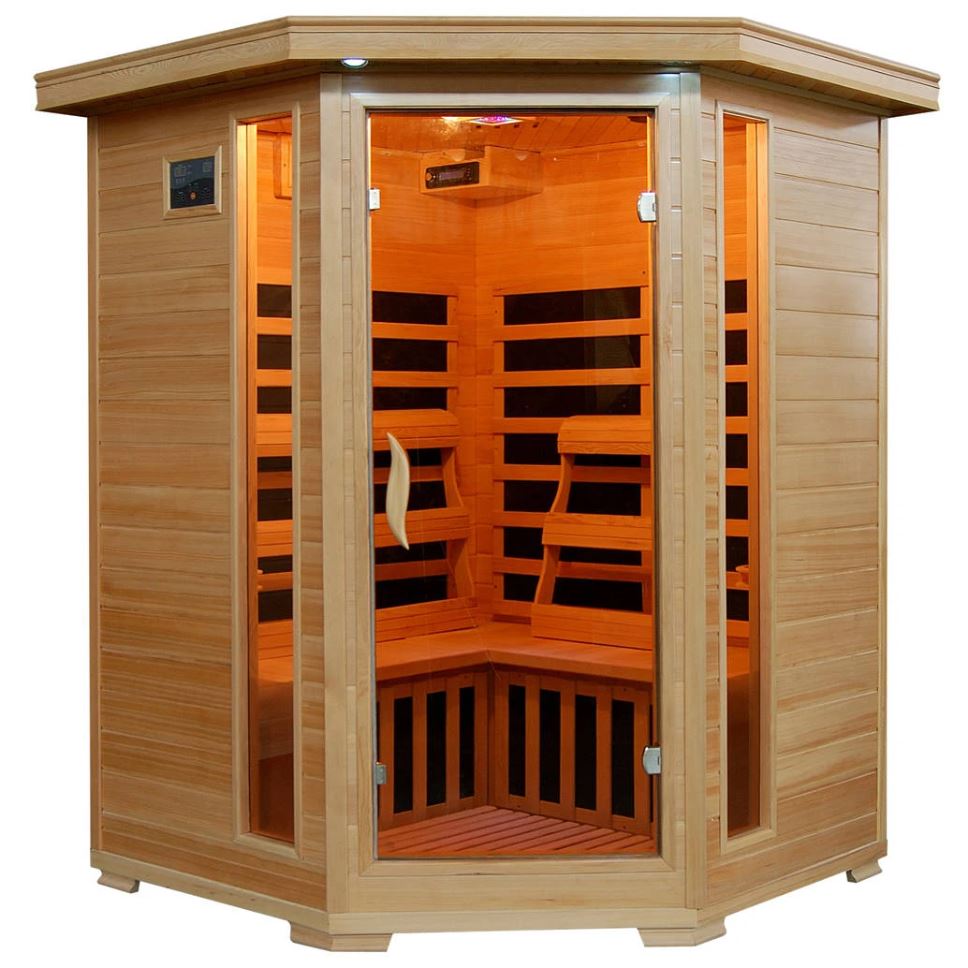 Tucson 4-Person Hemlock Corner Infrared Sauna w/ 10 Carbon Heaters