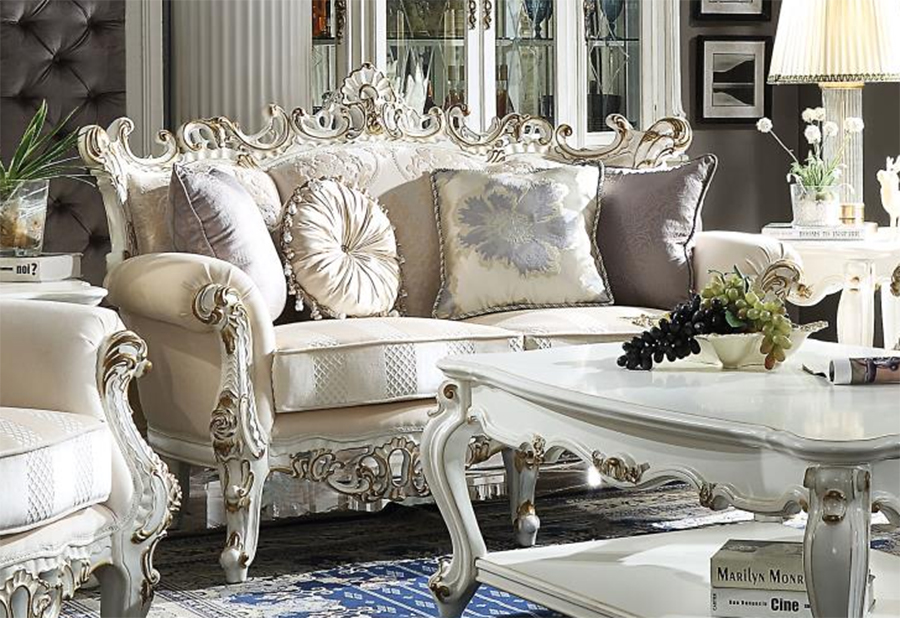 Picardy II Traditional Style Antique Pearl Fabric Loveseat with 4 Pillows