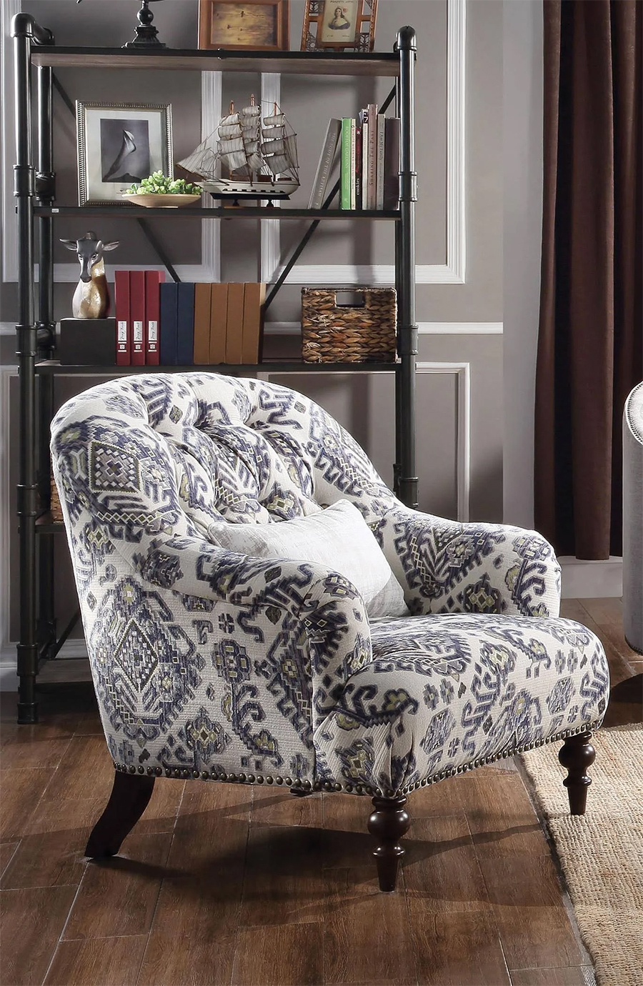 Saira Button Tufted Pattern Fabric Chair with 1 Pillow